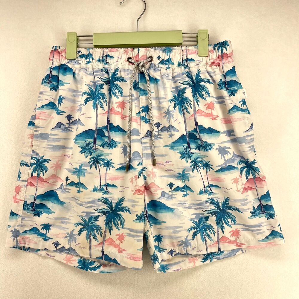 Vintage‎ Summer Lined Swim Trunks Tropical Pattern Mens Size L